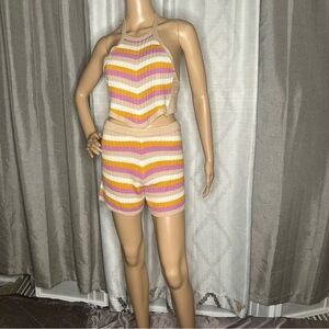 No Comment Striped Knit Halter Top and Short Set Small